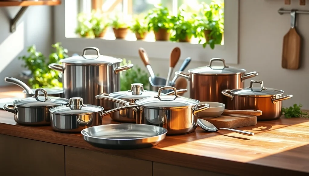 Cookware displayed elegantly on a countertop, showcasing various high-quality pot and pan types.
