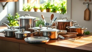 Cookware displayed elegantly on a countertop, showcasing various high-quality pot and pan types.