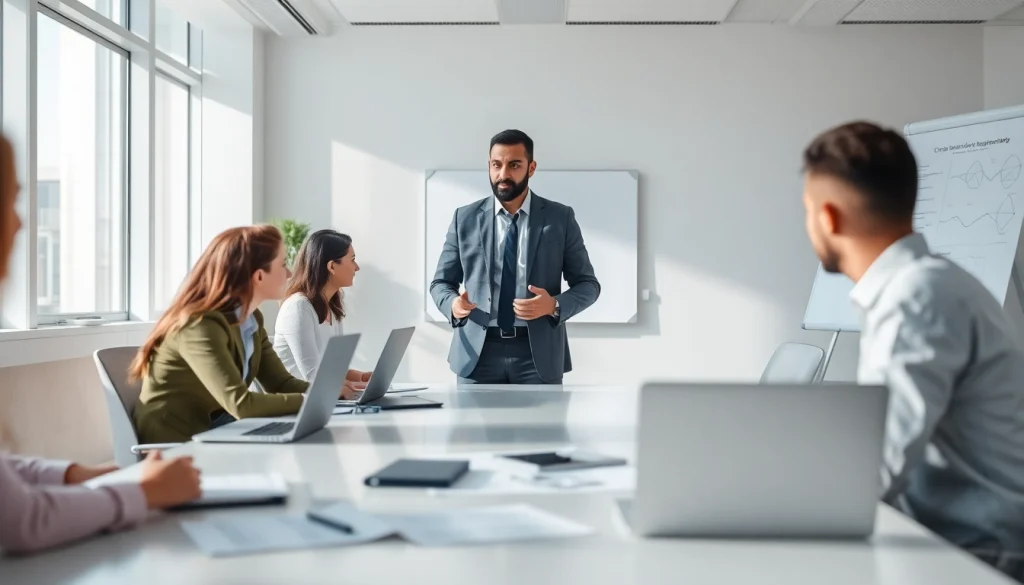 Crisis management consultant leading a strategy session with a focused team in a modern office.