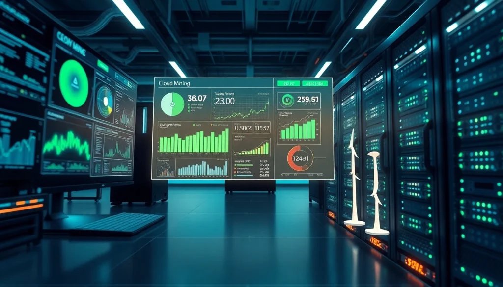 Visualizing cluod mining in a modern, high-tech environment with sustainable energy symbols.
