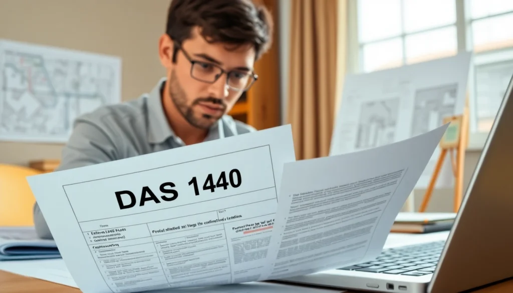 Reviewing the DAS 140 form for compliance in a contractor's setting with essential documents.