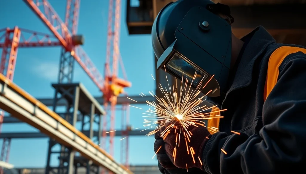 Skilled welder performing structural steel welding, showcasing dynamic sparks and steel beams.