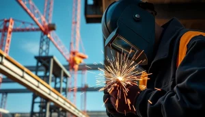 Skilled welder performing structural steel welding, showcasing dynamic sparks and steel beams.