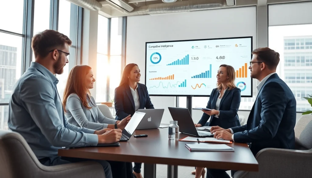 Engaging professionals reviewing competitive intelligence strategies in a modern workspace.