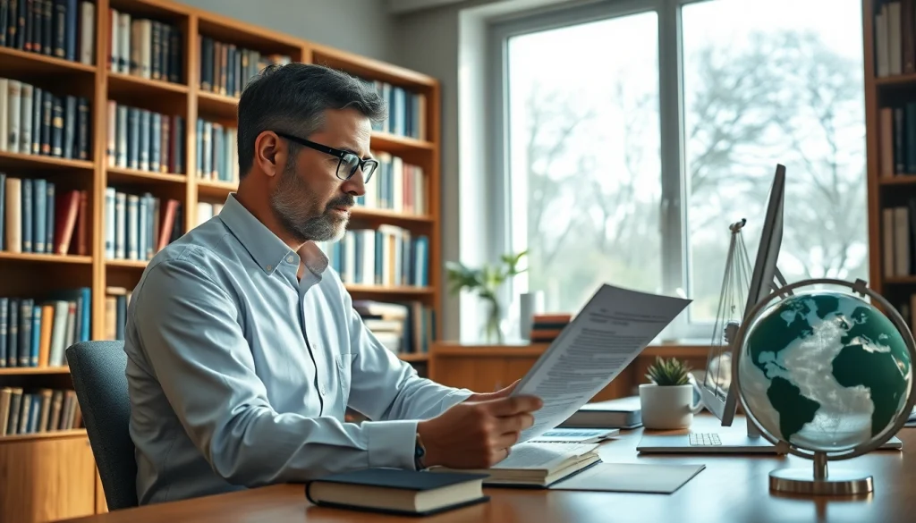 Sworn translator (traduttore giurato) working meticulously in a professional office.