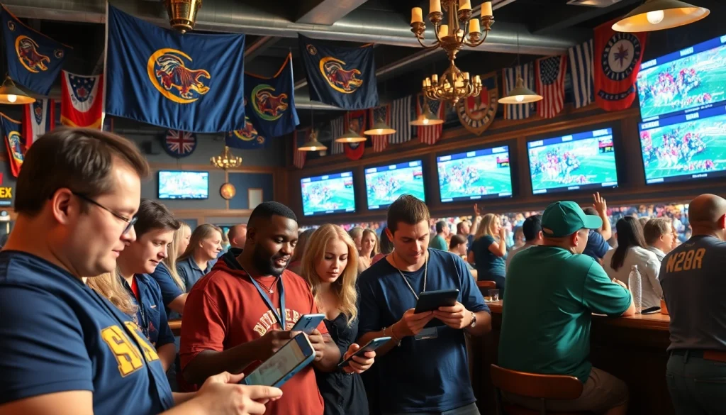 Engaged fans enjoying South Carolina sports betting at a lively sports bar, showcasing enthusiasm and team spirit.