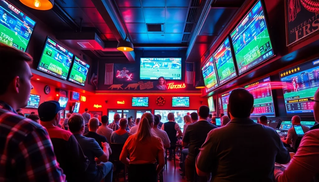 Engaged fans in Texas sports betting environment enjoying games and mobile betting options.