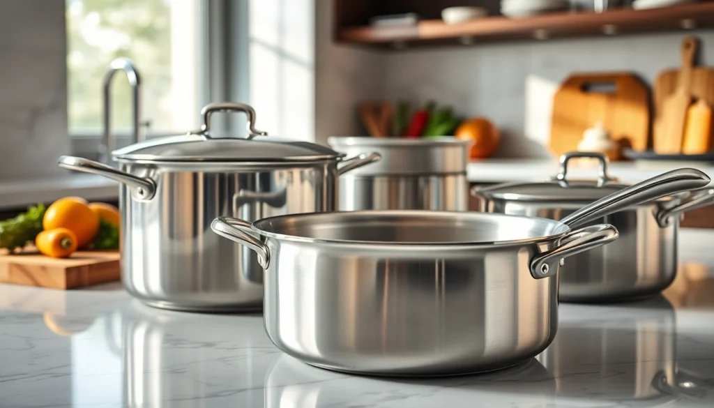 Stunning stainless steel cookware NZ shining on a kitchen countertop with fresh herbs.