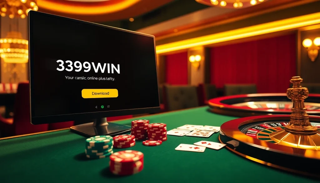 Experience the excitement of 389WIN Download with a vibrant casino scene showcasing poker chips and cards.