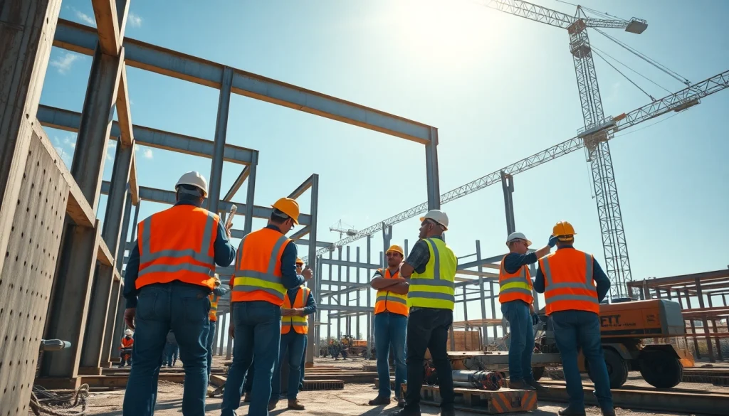 Construction workers conducting structural steel installation showcasing teamwork and precision.