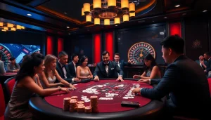 Nền Tảng RR88 showcasing an elegant casino scene with players at a gaming table.