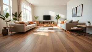 Superbe carrelage imitation parquet posé dans un salon moderne avec une décoration naturelle.