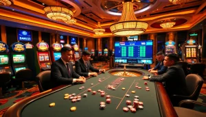 Play a thrilling poker game at Hay 88 casino with colorful chips and bright slot machines.