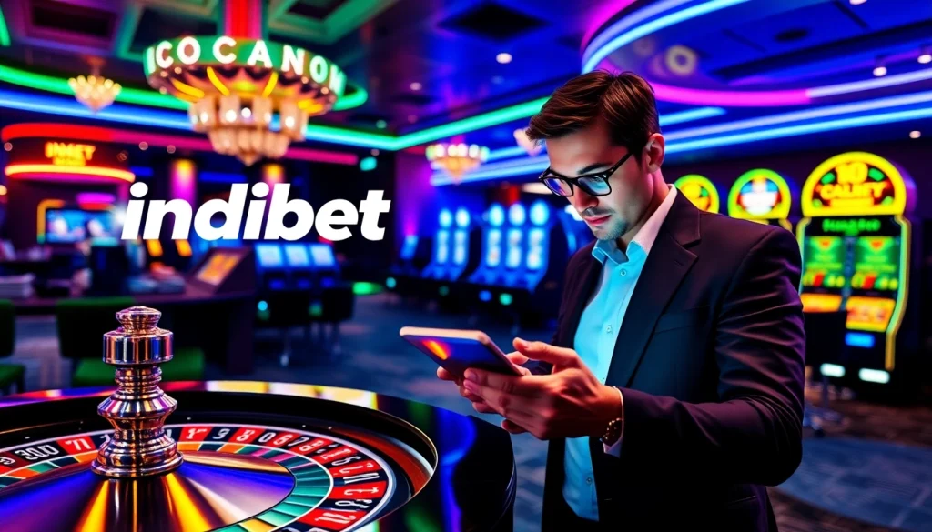 Experience seamless indibet casino login with a vibrant digital betting interface amidst casino excitement.