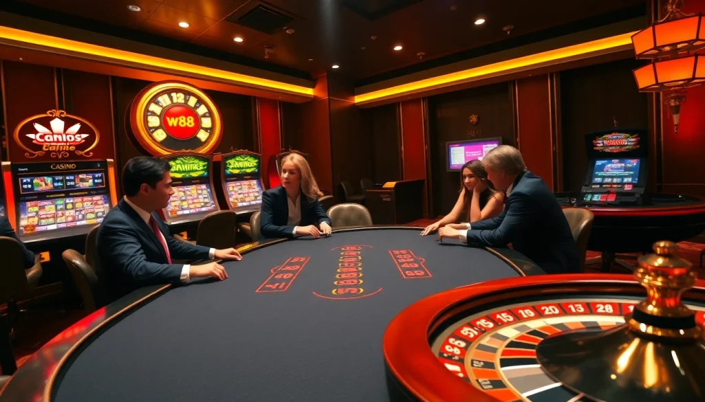 Enjoy a thrilling casino experience with the link to w88 illustrated through sophisticated gameplay and vibrant slot machines.