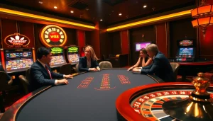 Enjoy a thrilling casino experience with the link to w88 illustrated through sophisticated gameplay and vibrant slot machines.