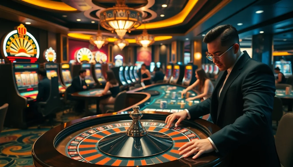Engage in a thrilling casino scene featuring No hu-themed gaming tables and vibrant slot machines.
