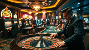 Engage in a thrilling casino scene featuring No hu-themed gaming tables and vibrant slot machines.