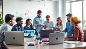 Company specializing in website design showcasing a collaborative team creating modern web designs.