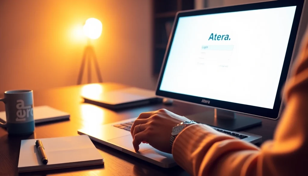 Atera login process with a user entering credentials on a laptop in a modern workspace.