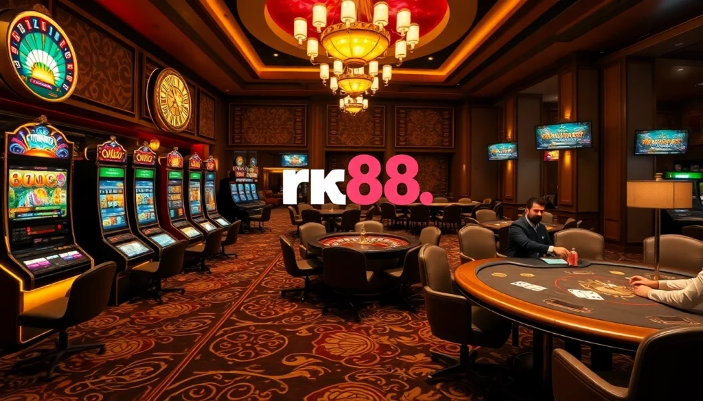 Players enjoy immersive gambling experiences at RR88, showcasing slot machines and poker games.