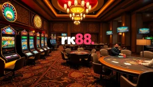 Players enjoy immersive gambling experiences at RR88, showcasing slot machines and poker games.