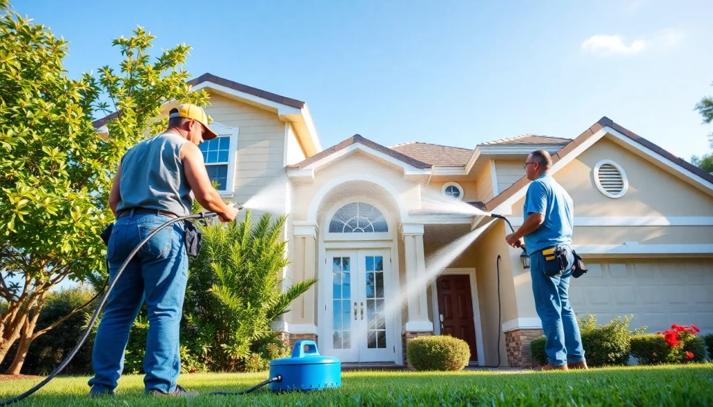 Soft wash service in Kissimmee, FL, showcasing eco-friendly pressure washing team cleaning a home.