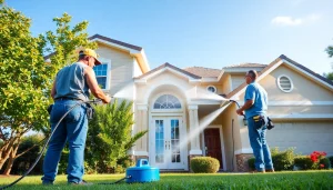 Soft wash service in Kissimmee, FL, showcasing eco-friendly pressure washing team cleaning a home.