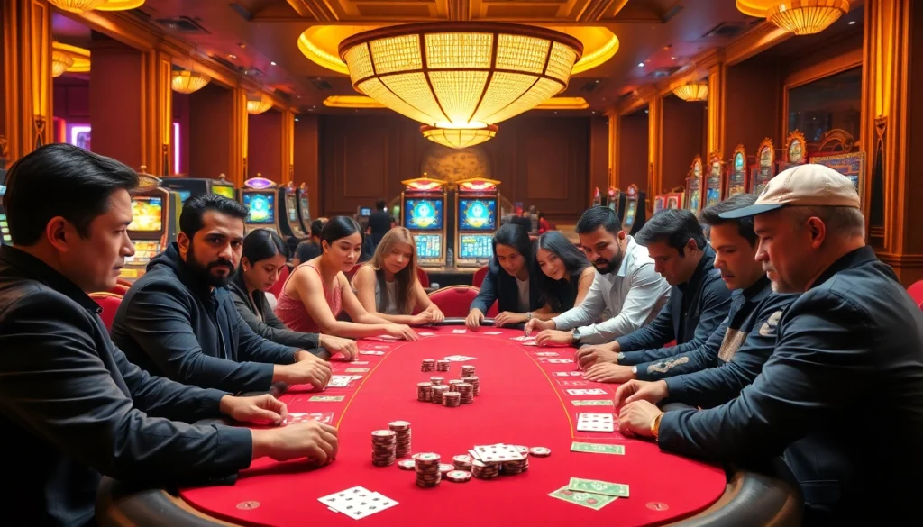 Experience the thrill of high-stakes poker at https://thabet.vegas/, featuring diverse players in an elegant casino setting.