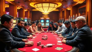 Experience the thrill of high-stakes poker at https://thabet.vegas/, featuring diverse players in an elegant casino setting.