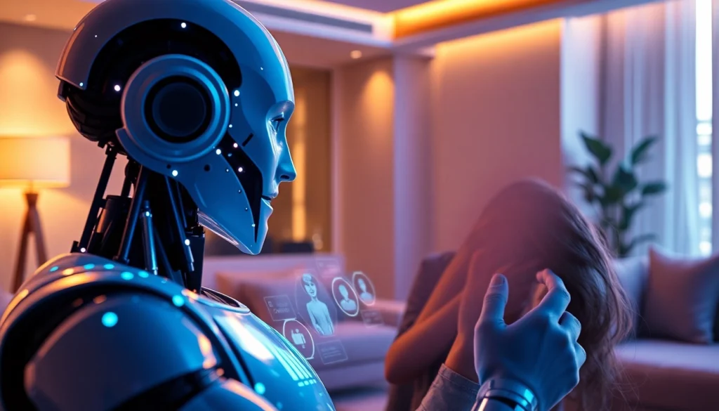 AI sex robot engages with a human in a modern living room, showcasing futuristic technology and intimacy.