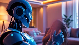 AI sex robot engages with a human in a modern living room, showcasing futuristic technology and intimacy.