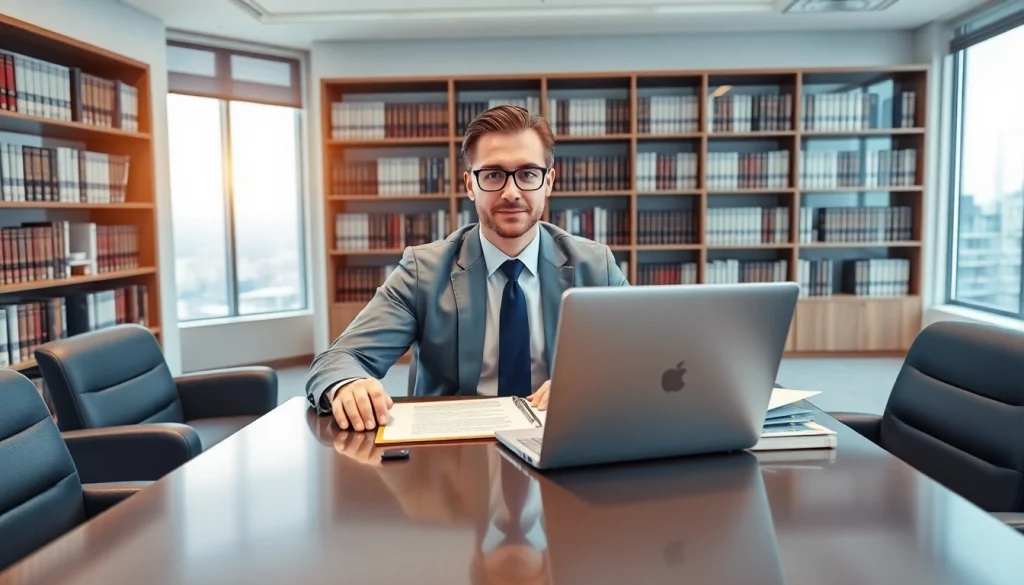 Intellectual property lawyer consulting in a professional office environment.