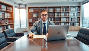 Intellectual property lawyer consulting in a professional office environment.