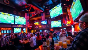 View lively Oklahoma sports betting bar scene with enthusiastic fans and multiple screens.