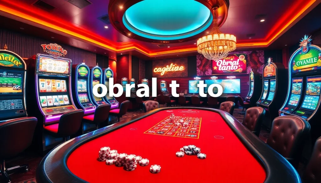 Engage in exciting gambling activities with obral toto at a luxurious casino table surrounded by slot machines.