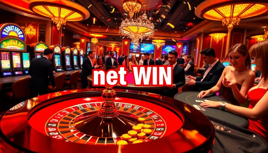 Celebrating a net win at an exciting casino scene with roulette and poker games.