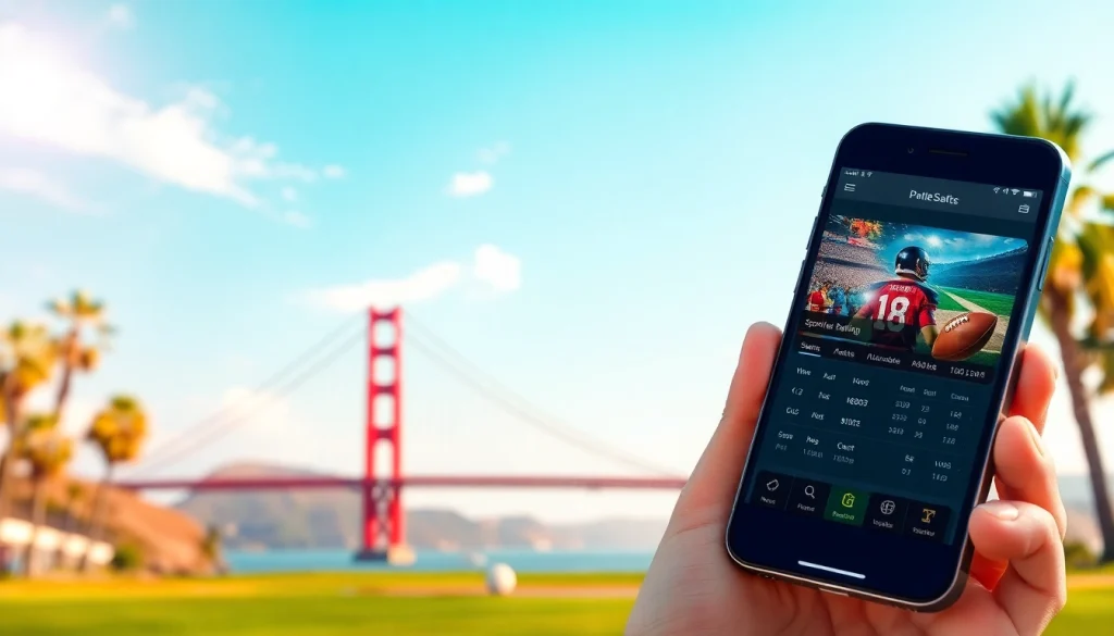 Engaging California sports betting scene showcasing a smartphone app in vibrant surroundings.