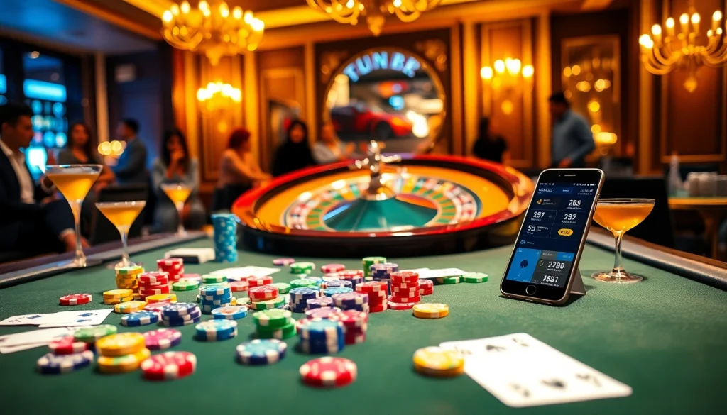 Experience a thrilling moment with Fun88 link at a vibrant casino table filled with poker chips and cards.