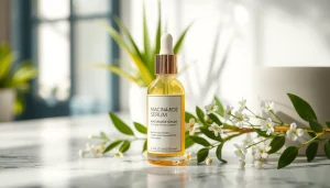 Flaska med niacinamid-serum bland växter och blommor, som framhäver lyx och hudvård.