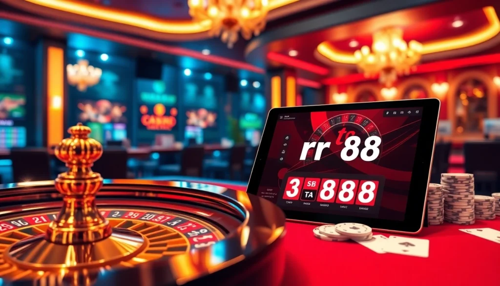 Engage with link rr88 at a luxurious casino table surrounded by poker chips and cards.