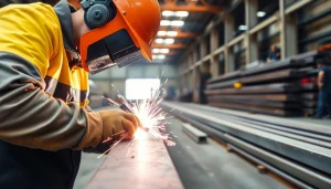 Welder performing structural steel welding, highlighted by sparks and bright safety gear.