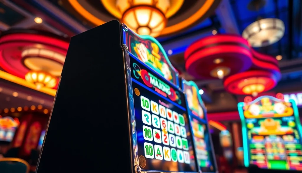 Mesin mahjong slot yang menarik dengan simbol berwarna cerah di kasino yang berenergi.