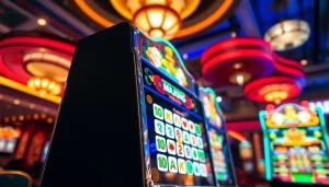 Mesin mahjong slot yang menarik dengan simbol berwarna cerah di kasino yang berenergi.