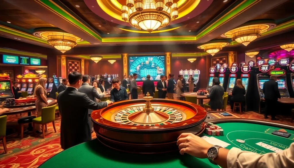 A vibrant casino scene highlighting a roulette wheel and blackjack table, showcasing giaimanhacai.news's trusted gambling insights.