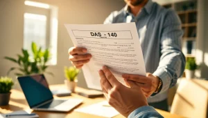 DAS 140 form review by a contractor in a bright office setting.