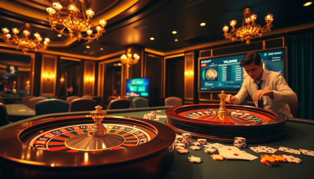 Vuabai9 online gambling interface with poker chips and a roulette wheel in an elegant casino scene.