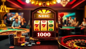 Mainkan dan menangkan besar dengan Slot Depo 1000 di adegan kasino yang hidup menampilkan mesin slot dan chip poker.