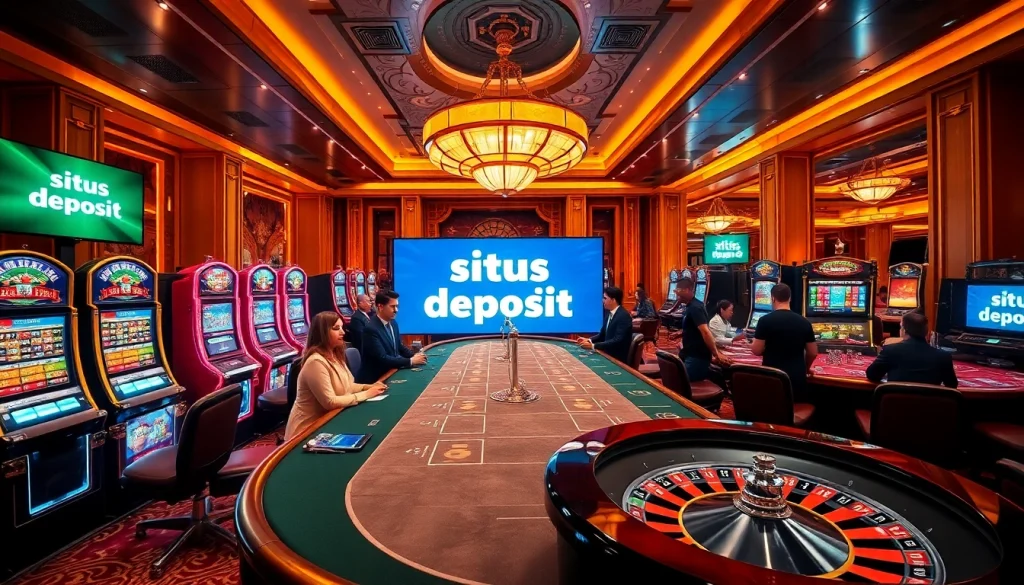 Experience the excitement of situs deposit 5k at a luxurious casino gaming table filled with vibrant slot machines and poker action.