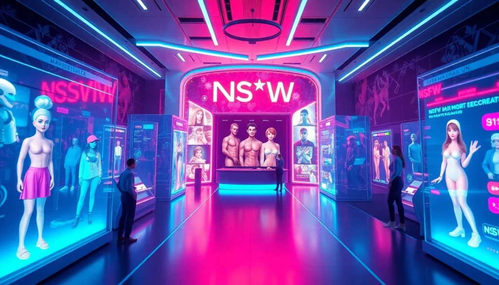 Vibrant digital marketplace showcasing NSFW AI content with innovative interfaces and engaging characters.